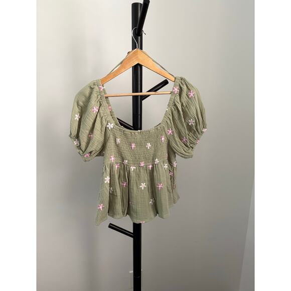 New Alter’d State Peplum Smocked Baby Doll Embroidered Flower Top - Picture 2 of 5